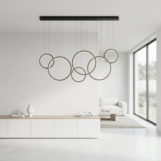 Modern 6 Ring LED Linear Suspension Chandelier Light Black & White 130W Contemporary Ceiling Fixture