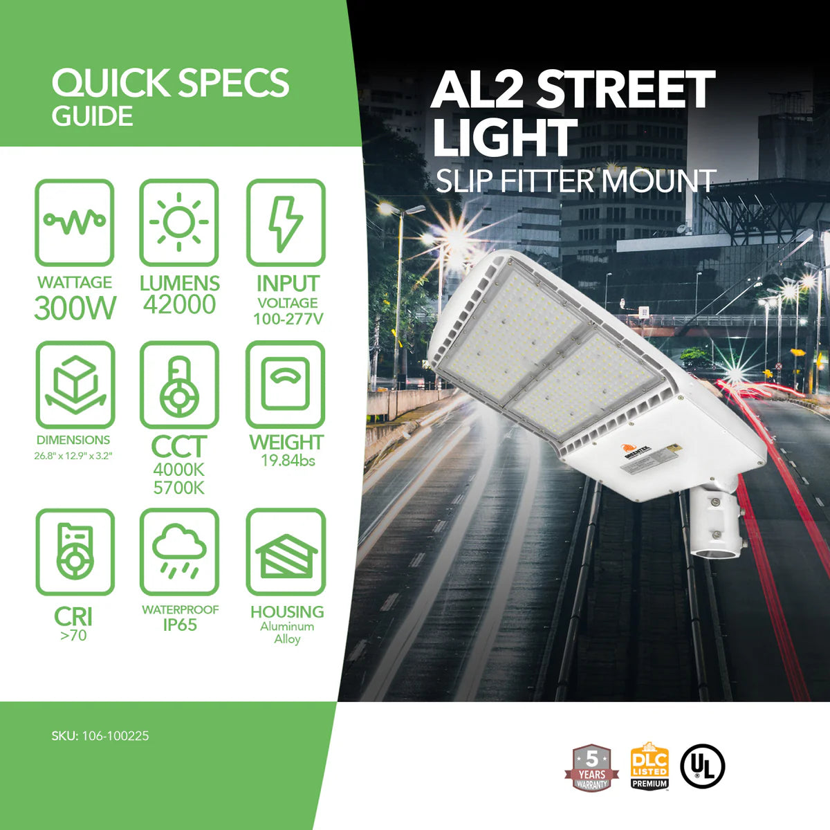 LED Street Light - 300W - 40,500 Lumens - Shorting Cap - Slip Fitter Mount - AL2 Series - UL DLC (White)