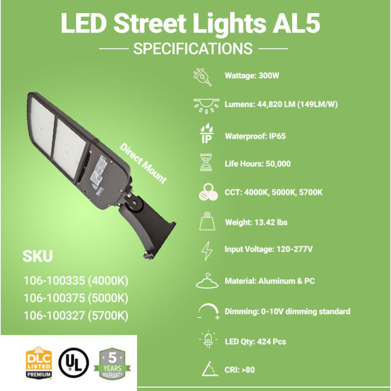 Specifications of LED Street Light 300 watts with Direct Mount by Greenlight Depot