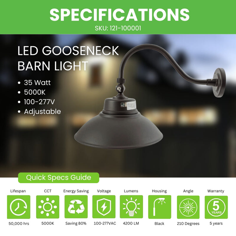 LED Gooseneck Barn Light - 35W - Swivel Head - Black