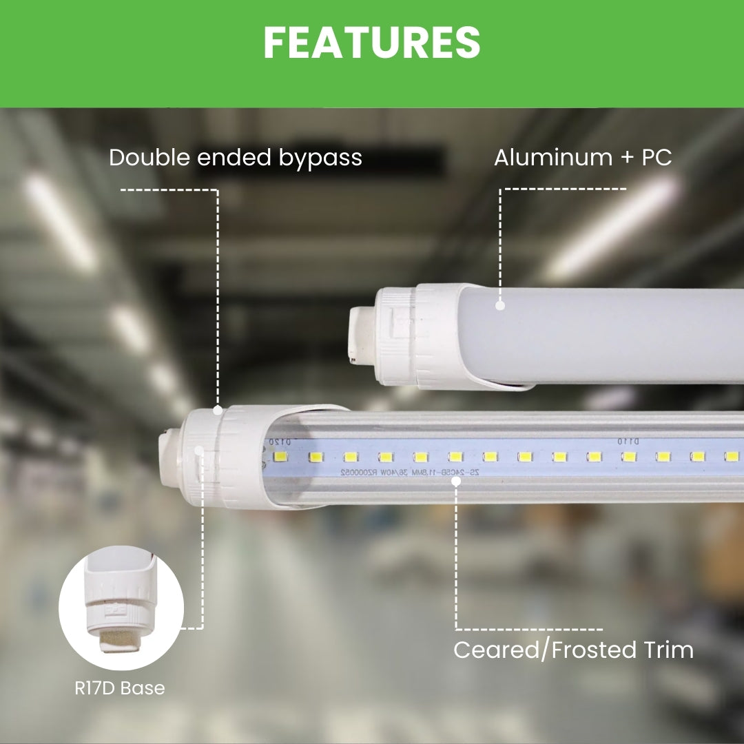 8ft 40W LED Tube - R17D Base - 20 Pack - High Output Base - Bypass - (ETL)