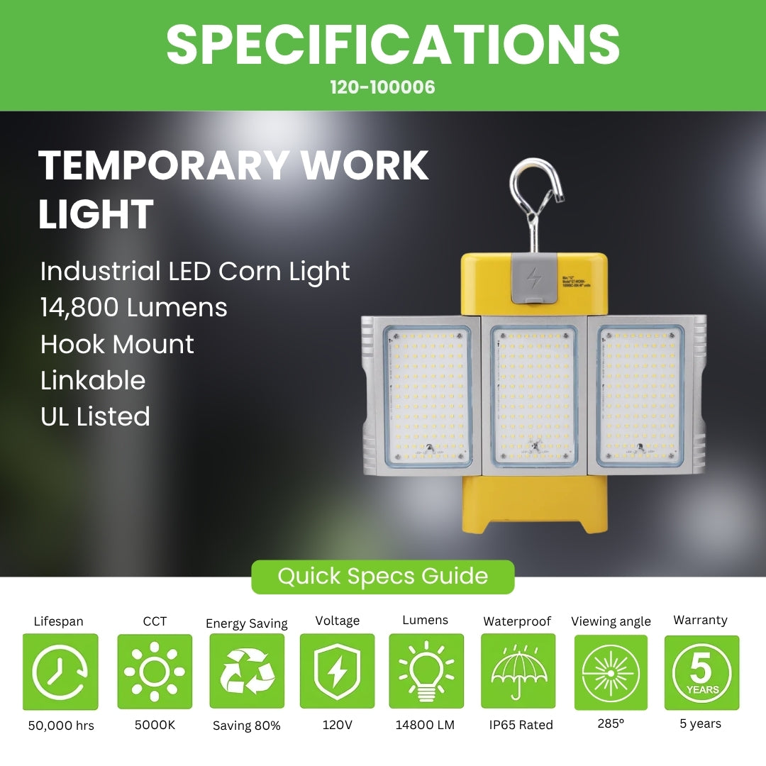 100W LED Temporary Work Light - Industrial LED Corn Light - 14,800 Lumens - Hook Mount - Linkable - UL