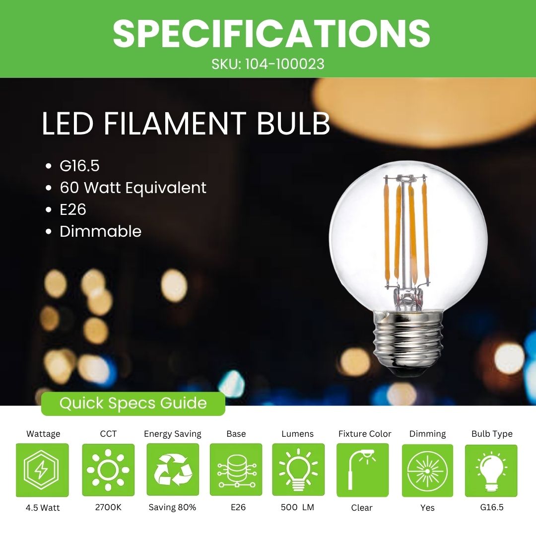 LED Filament Bulb - G16.5 - 60 Watt Equivalent - E26 - Dimmable
