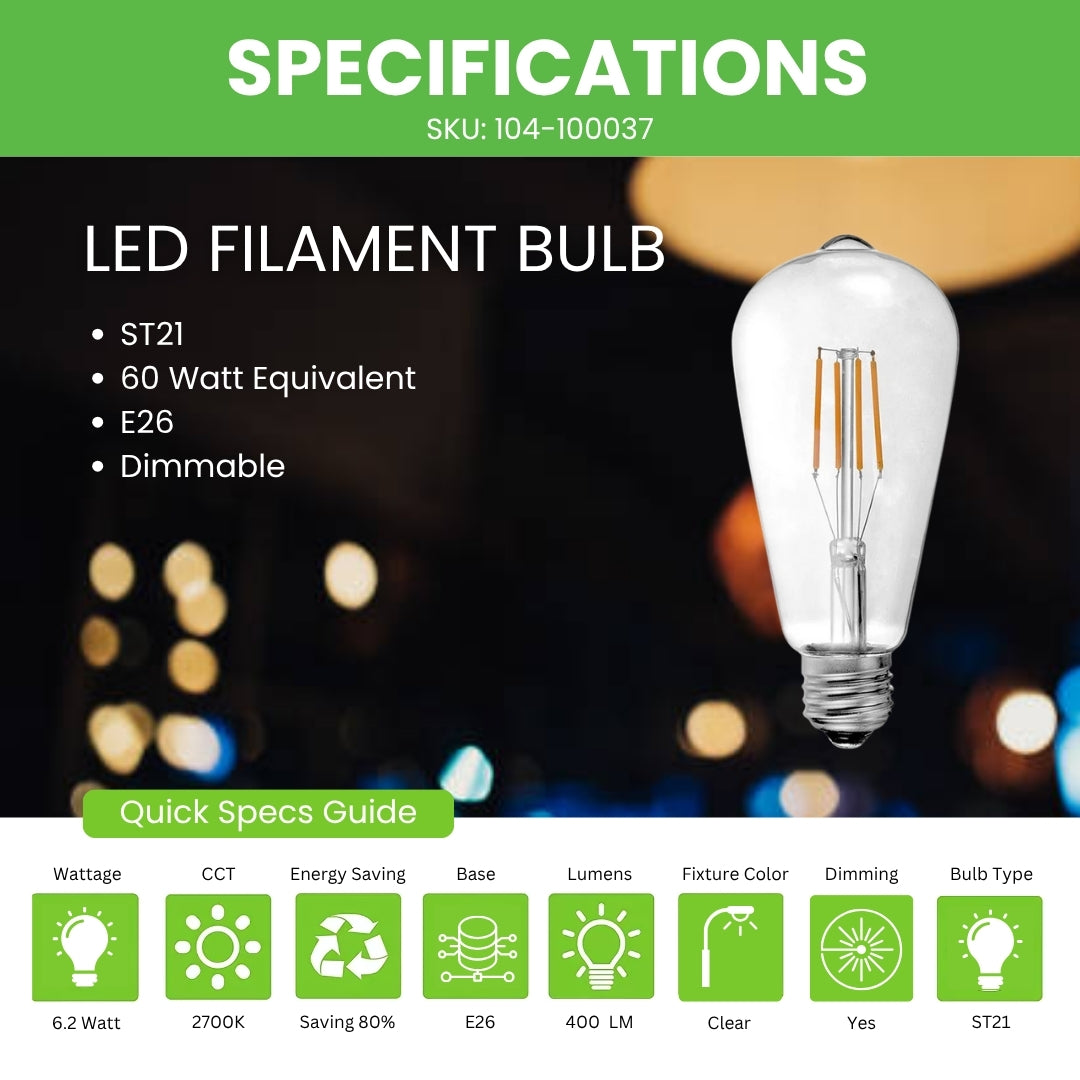 LED Filament Bulb - ST21 - 60 Watt Equivalent - E26 - Dimmable