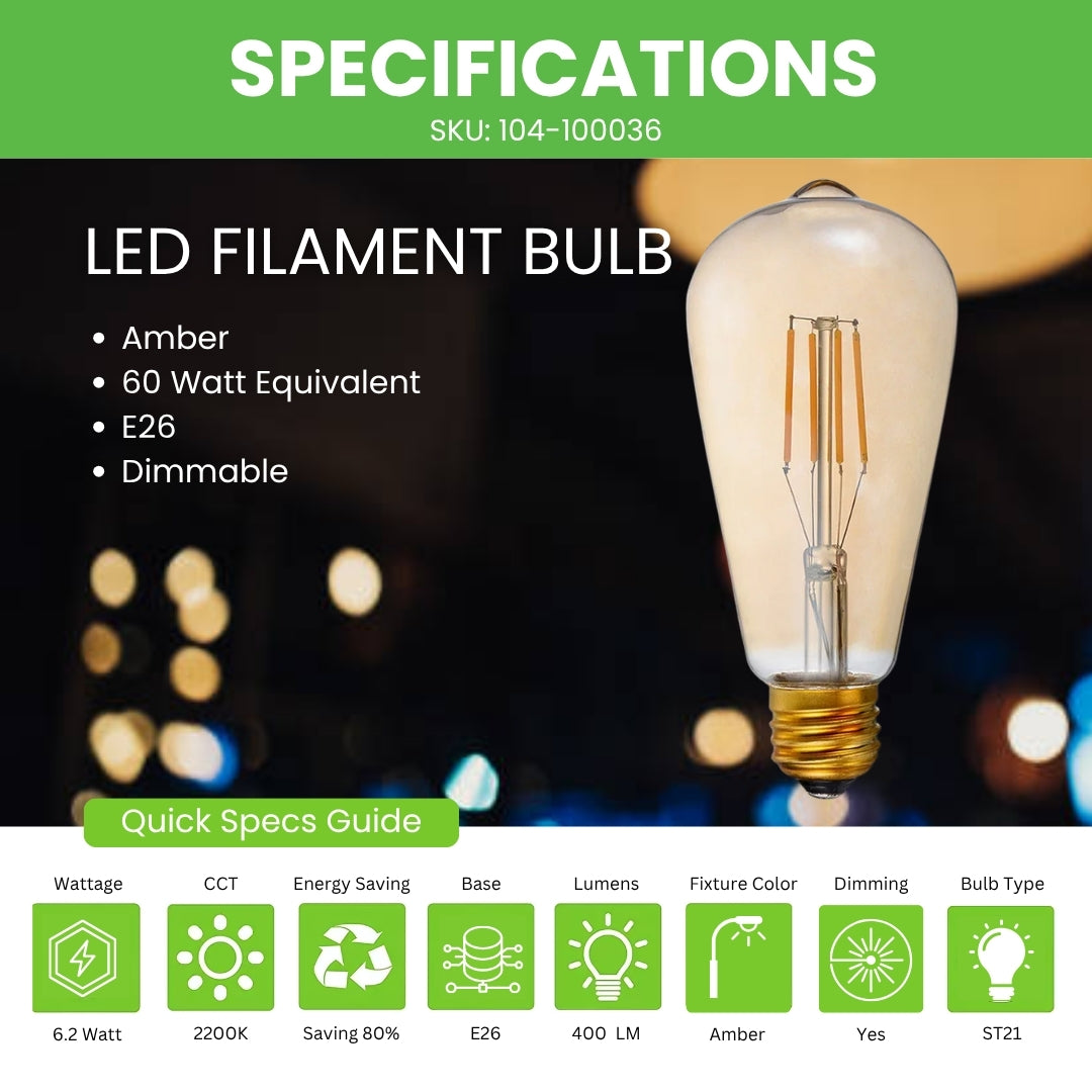 LED Filament Bulb - ST21 - 60 Watt Equivalent - Amber - E26 - Dimmable