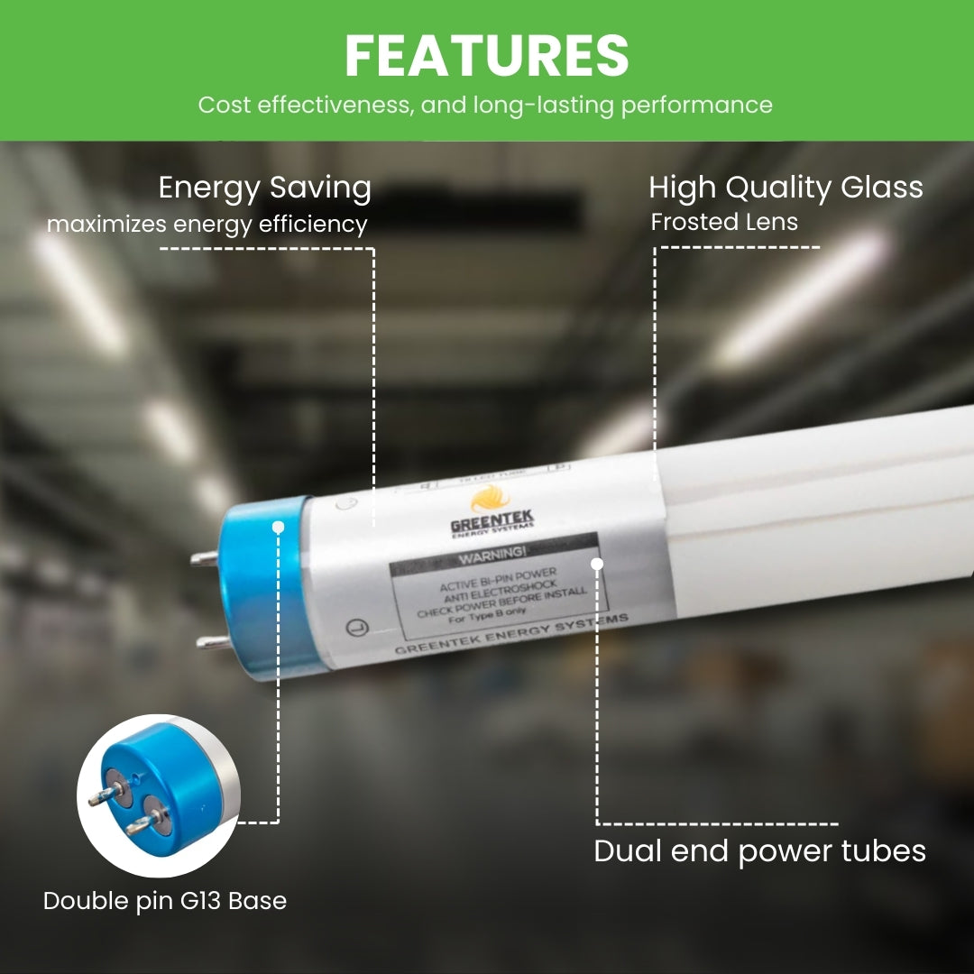 4ft 18W LED Linear Tube - Glass - Single/Two End Bypass - Ballast Bypass - (UL Type B + DLC 5.1)