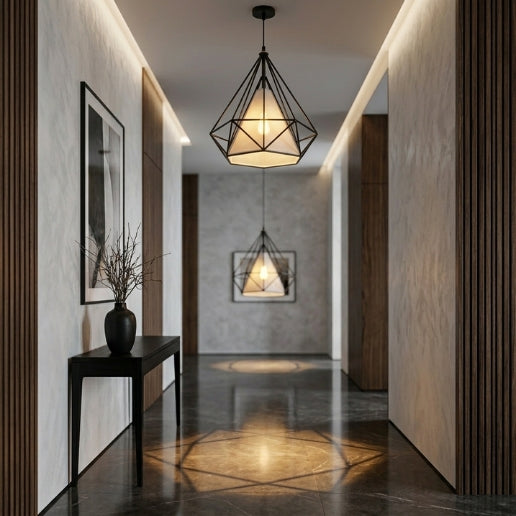 Pendant Light White Geometric Wire Frame With Shade | Modern Iron Hanging Ceiling Light