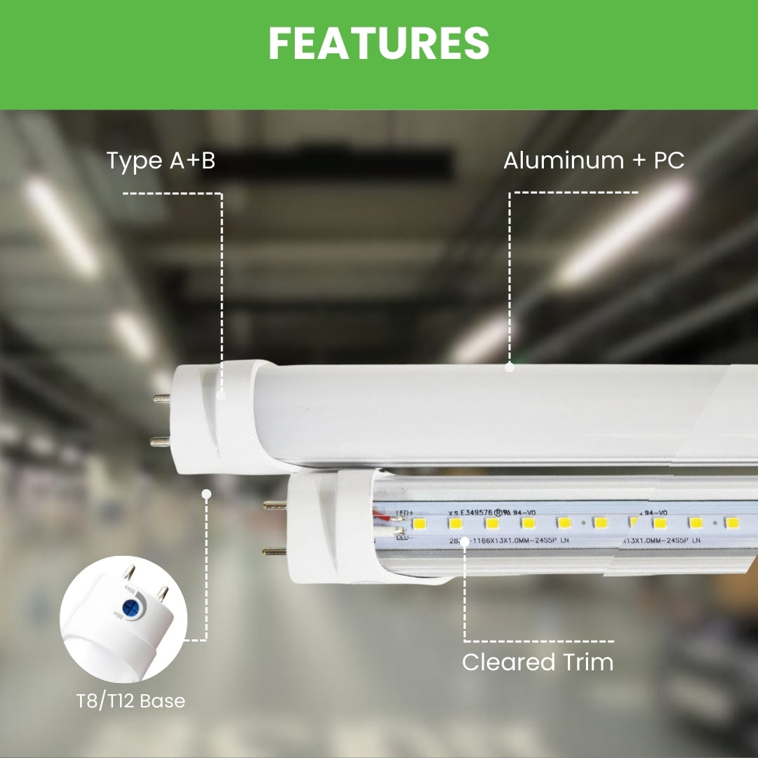 3ft 15W LED Tube - Single / 25 Pack - Type A+B - Aluminum/PC - Safety Fuses - Clear (ETL)