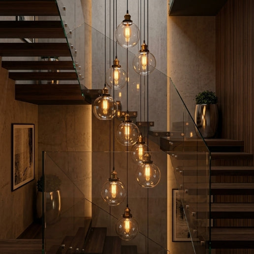 Industrial Clear Glass Globe Pendant Light – Modern Brass Hanging Ceiling Fixture for Kitchen Island, Dining Room, Cafe & Restaurant – E26/E27 Socket