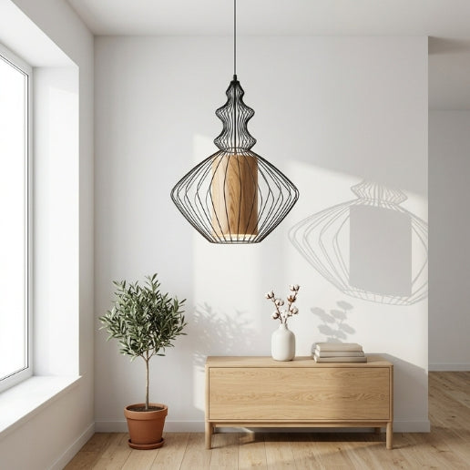 Black Wire Frame Pendant Light – Airy Industrial Hanging Ceiling Fixture E26/E27 40W