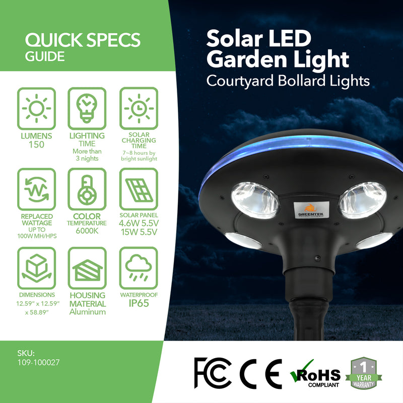 LED Solar Garden Light  - 150 Lumens - LED Solar Courtyard Bollard Lights - 6000K