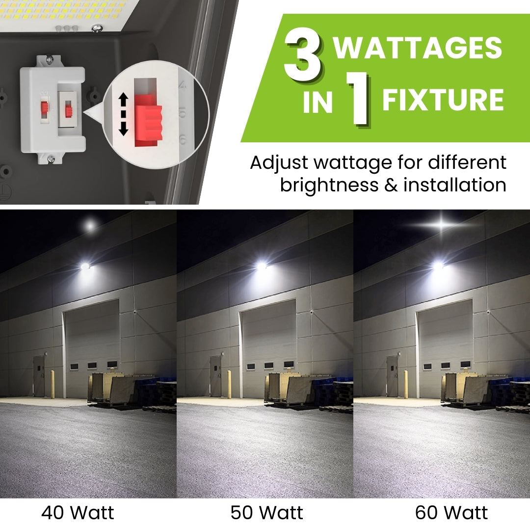 LED Slim Wall Pack Light - 133 LM/W - Wattage Tunable - 60W/50W/40W - Photocell Included - SLWP - Forward Throw - DLC 5.1 Listed