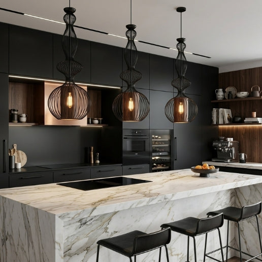 Modern Black Wire Frame Pendant Light with Diffuser – E26/E27 Hanging Ceiling Fixture
