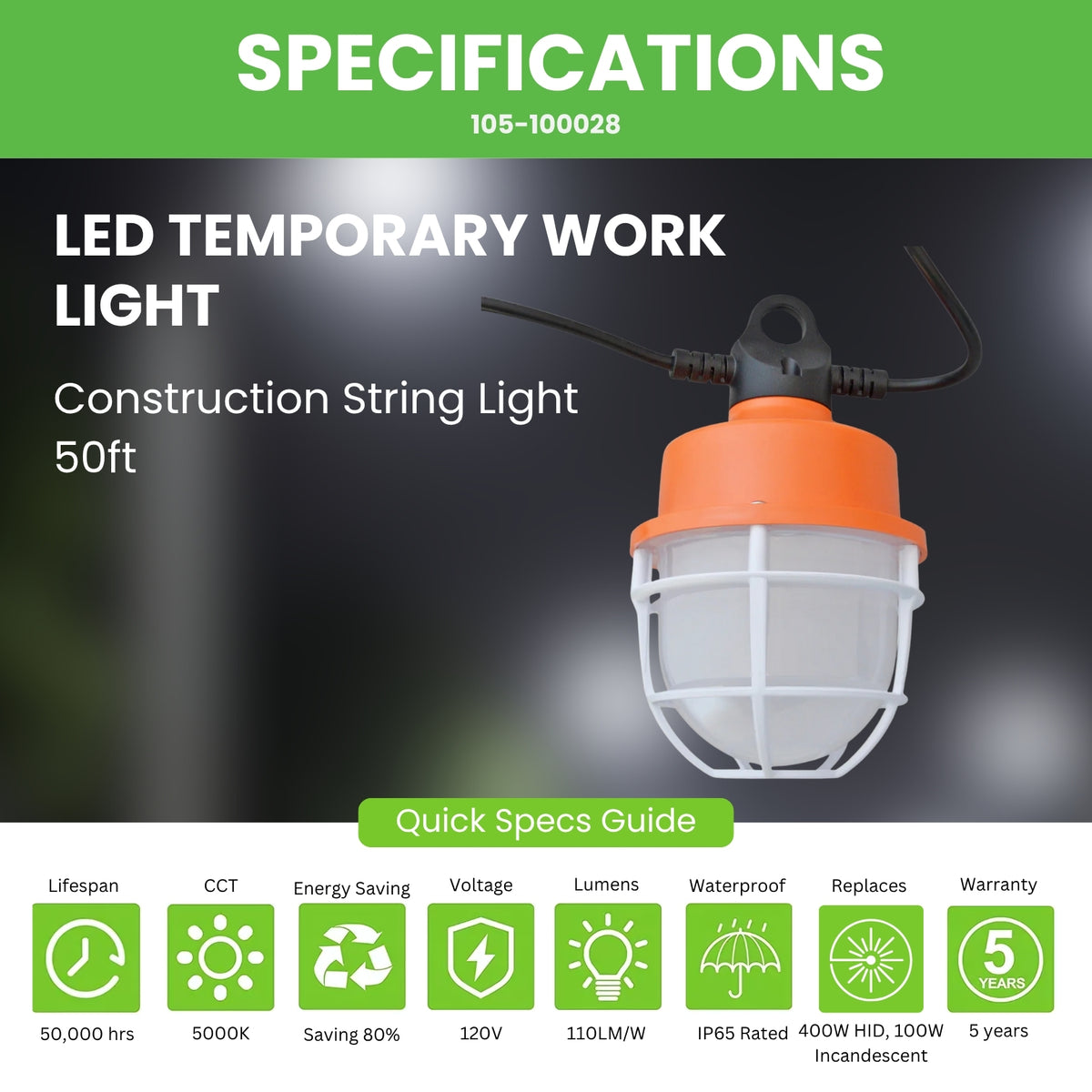 String Temp Led String Lights 100W LED Temporary String Light 14000LM 5000K UL ...
