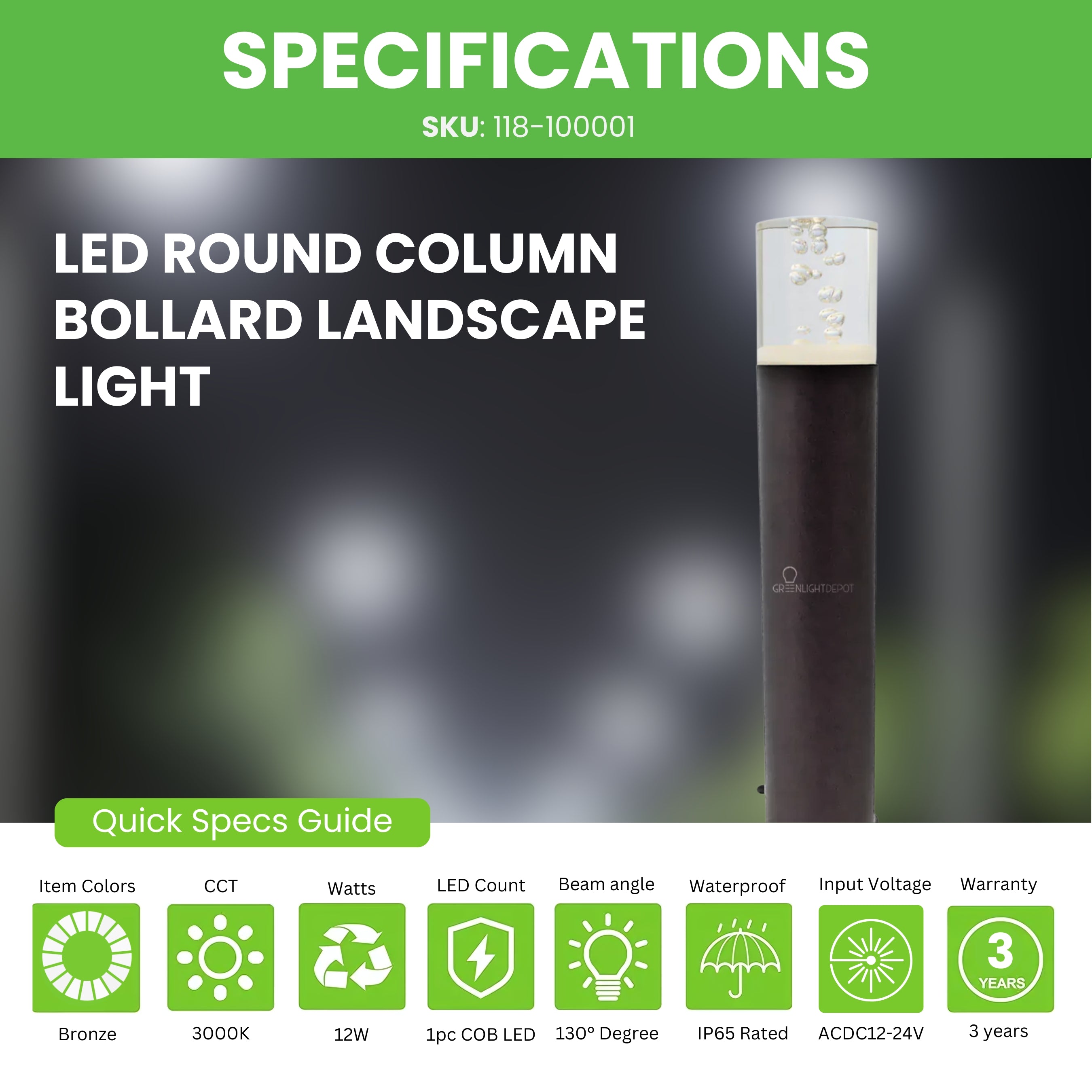 LED Round Column Bollard Landscape Light