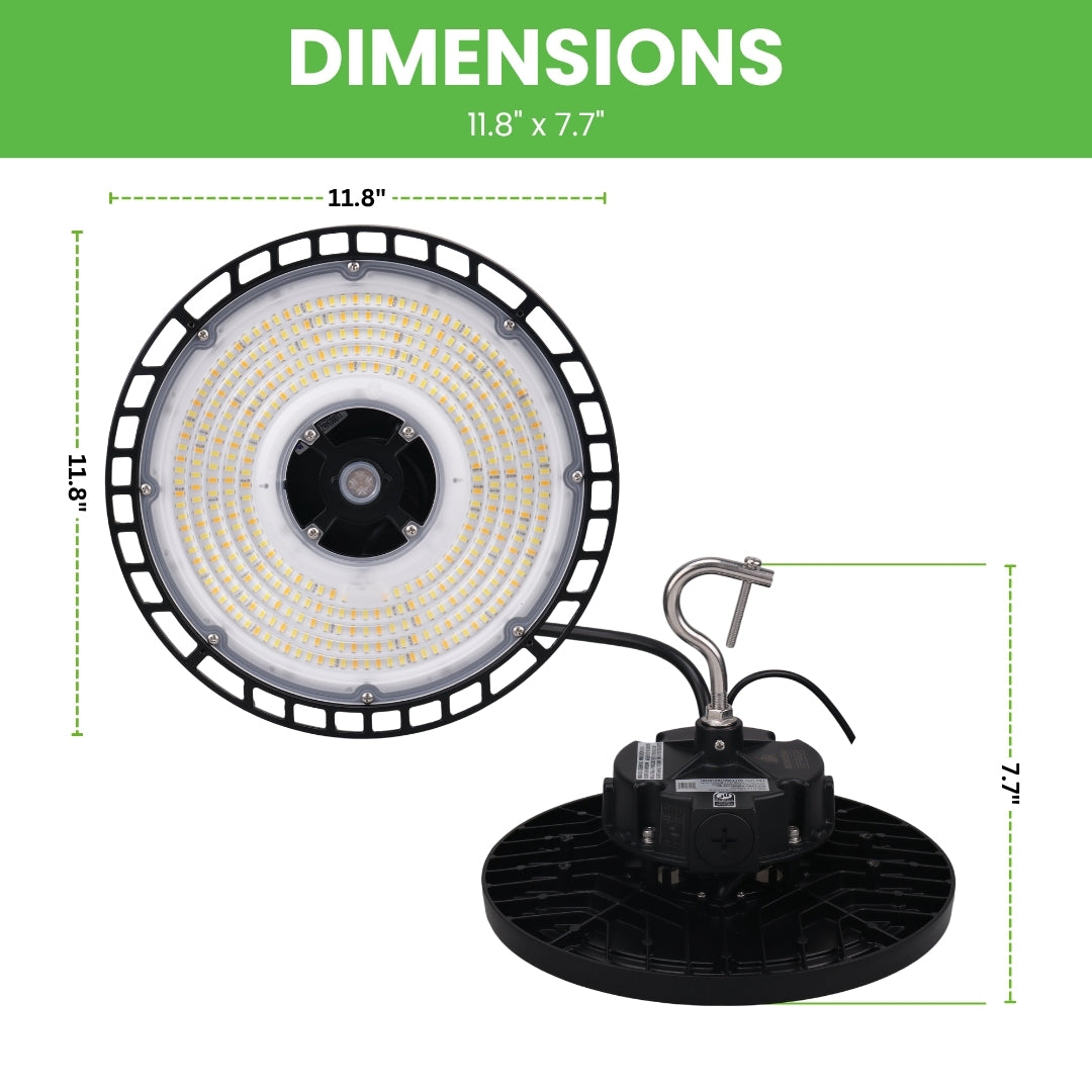 LED High Bay -  156 LM/ W- Wattage Tunable (200/150/120W) - CCT Selectable (5000K/4000K) - UFO7 - Hook Mount - Black - UL DLC 5.1