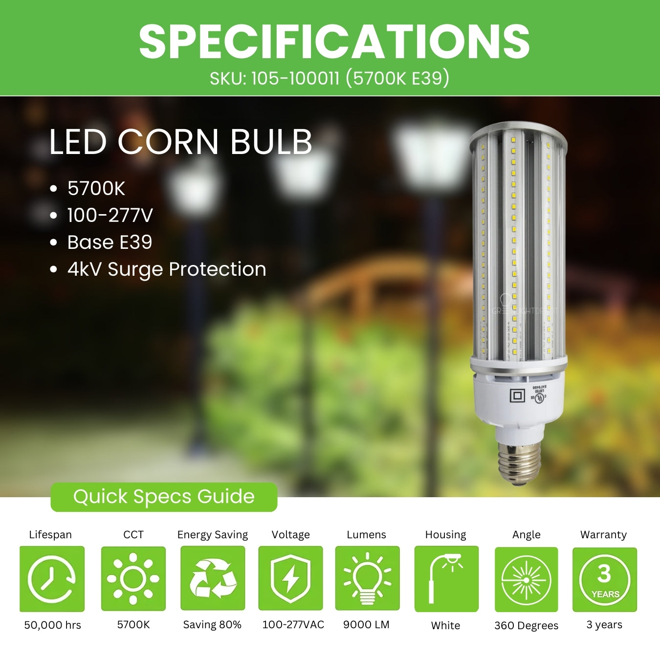 75W LED Corn Light Bulb - Replacement for Fixture 300W MH/ HPS/ HID - 3 Year Warranty - 4kV Surge Protection - (UL)