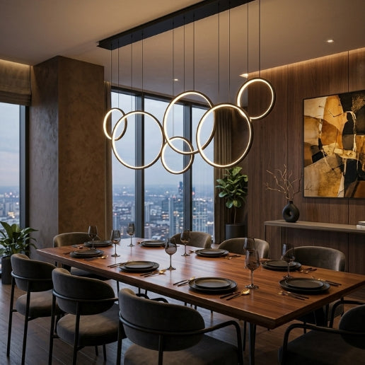 Modern 6 Ring LED Linear Suspension Chandelier Light Black & White 130W Contemporary Ceiling Fixture