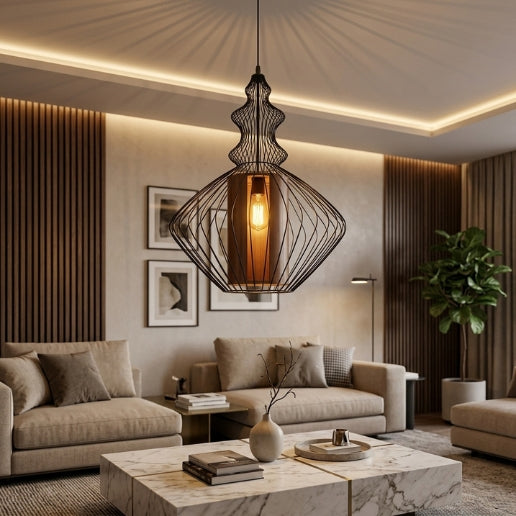 Black Wire Frame Pendant Light – Airy Industrial Hanging Ceiling Fixture E26/E27 40W