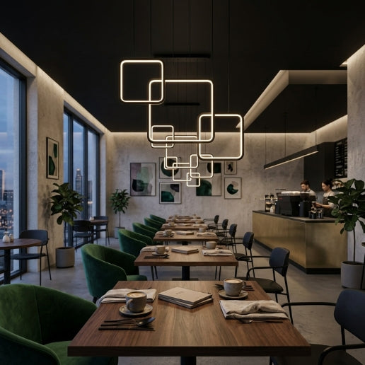 Modern LED Square Linear Suspension Chandelier Light Fixture in Black & White
