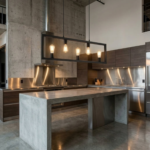 Industrial Rectangle Island Pendant Light 5-Light Black Iron Hanging Fixture for Kitchen Island & Dining Table