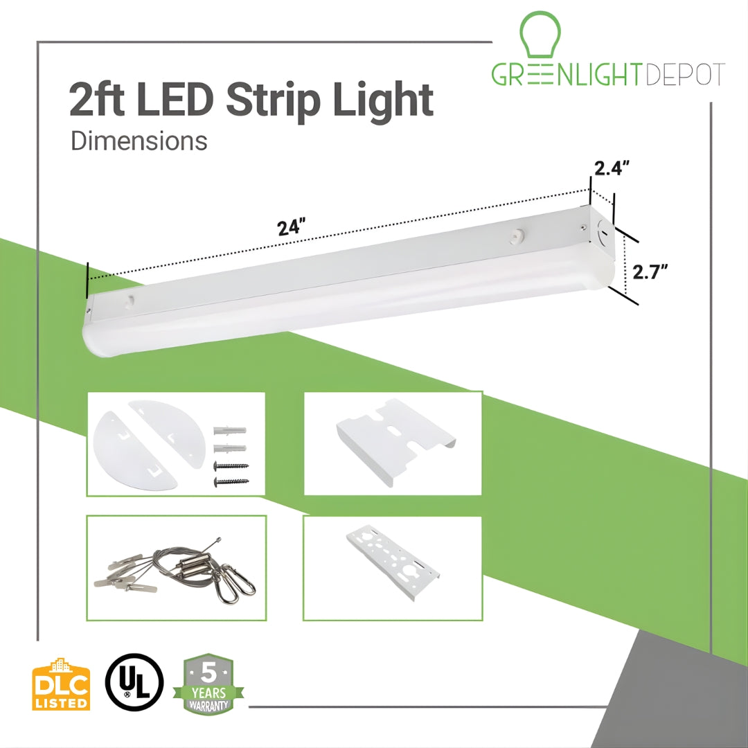 2ft LED Strip Light Fixture - 20W - Selectable CCT - 3000K/ 3500K/ 4000K/ 5000K - Up To 2840 Lumens - UL, DLC 5.1