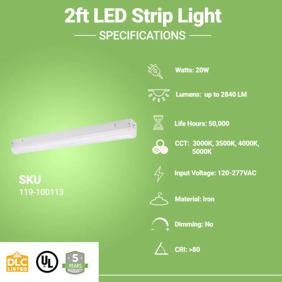 2ft LED Strip Light Fixture - 20W - Selectable CCT - 3000K/ 3500K/ 4000K/ 5000K - Up To 2840 Lumens - UL, DLC 5.1