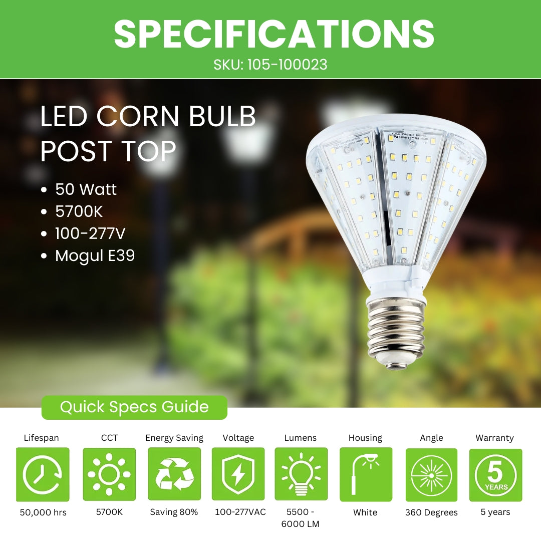 50W LED Corn Bulb Post Top - Bottom Socket - Mogul Base (E39) - (UL)