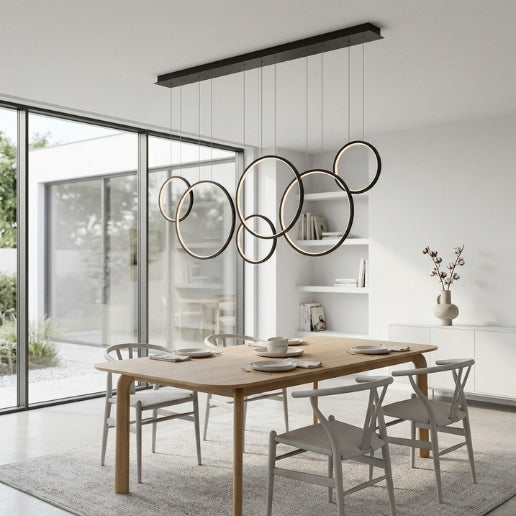Modern 6 Ring LED Linear Suspension Chandelier Light Black & White 130W Contemporary Ceiling Fixture