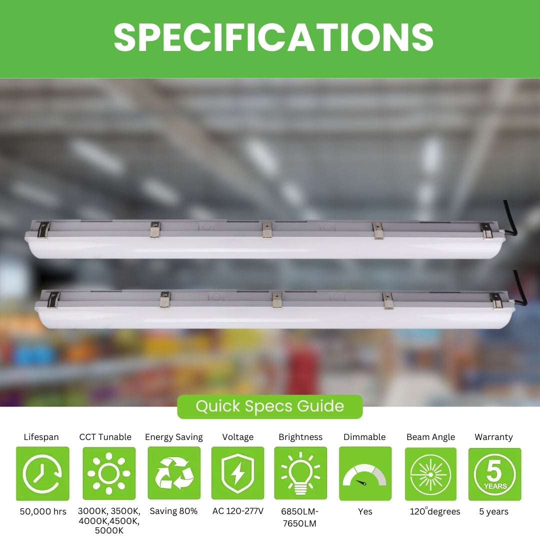 4FT LED Tri-Proof Light - WL2 Tunable Wattages (50W/40W/30W) and Selectable CCTs  -  UL, DLC Listed