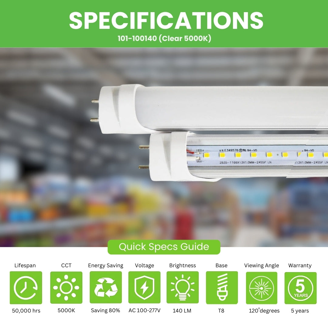 3ft 15W LED Tube - Single / 25 Pack - Type A+B - Aluminum/PC - Safety Fuses - Clear (ETL)