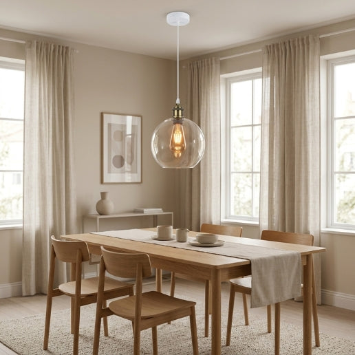 Industrial Clear Glass Globe Pendant Light – Modern Brass Hanging Ceiling Fixture for Kitchen Island, Dining Room, Cafe & Restaurant – E26/E27 Socket