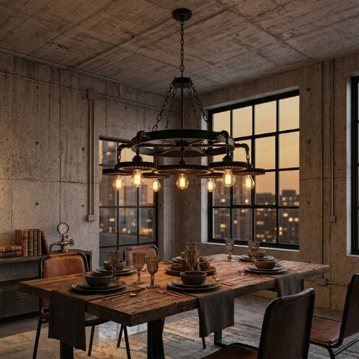 Pendant Light Industrial Chandelier Rustic 7 Gear Pipe Black Iron Dining Room Fixture