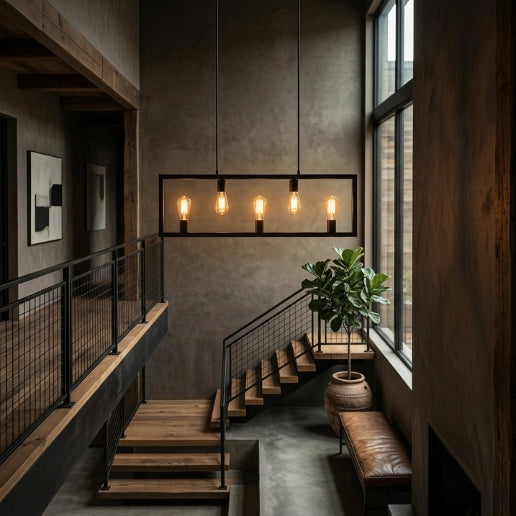 Industrial Rectangle Island Pendant Light 5-Light Black Iron Hanging Fixture for Kitchen Island & Dining Table