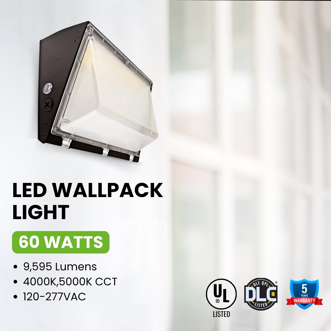 LED Wall Pack Light - 60W - 9,595 Lumens - Photocell Included - SWP4 - Forward Throw - DLC Listed