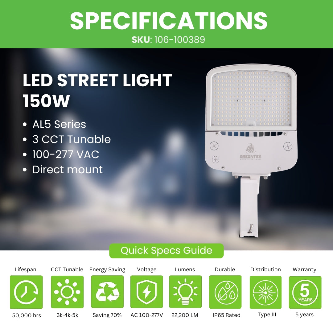 LED Street Light - 150W - 145 lm/w - Tunable CCT - Shorting Cap + 10KV Surge protection - Direct Mount - AL5 Series - White - UL+DLC 5.1