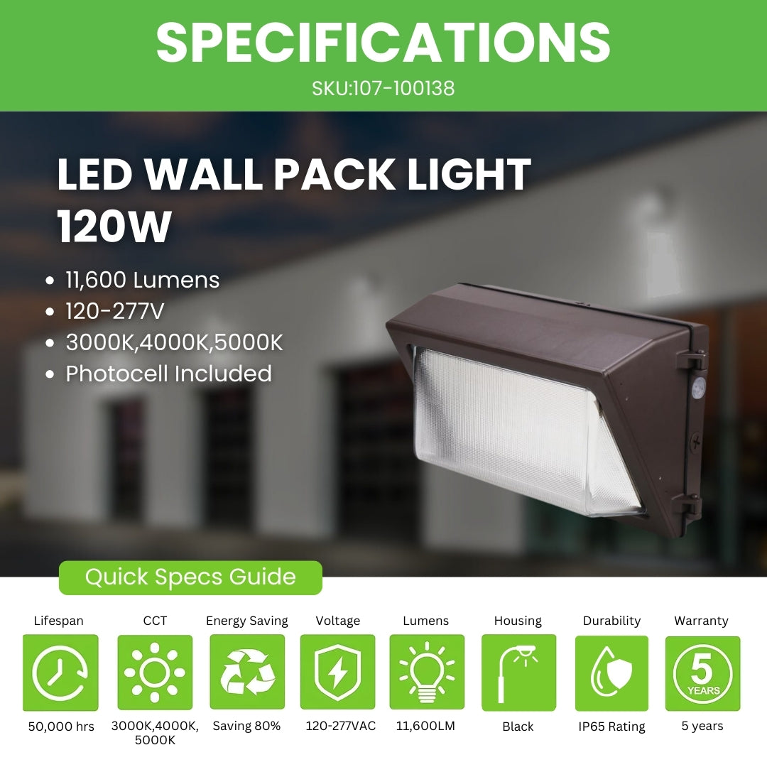 LED Wall Pack Light - Wattage Tunable (80W/60W/40W) - Selectable CCT - Photocell Included - SWP5 - Forward Throw - UL+DLC Listed