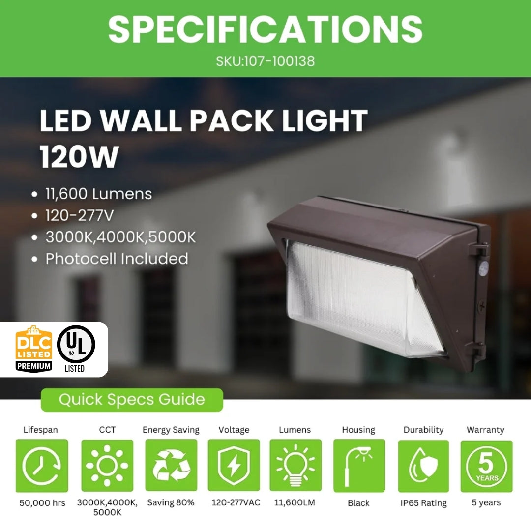 LED Wall Pack Light - Wattage Tunable (80W/60W/40W) - Selectable CCT - Photocell Included - SWP5 - Forward Throw - UL + DLC 5.1 Premium Listed