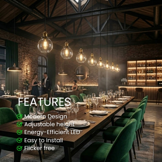 Industrial Clear Glass Globe Pendant Light – Modern Brass Hanging Ceiling Fixture for Kitchen Island, Dining Room, Cafe & Restaurant – E26/E27 Socket