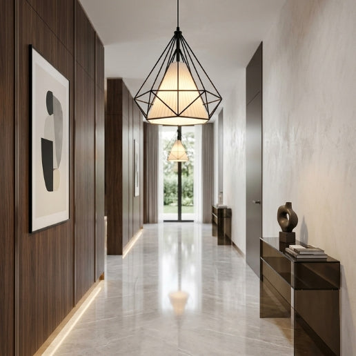 Pendant Light White Geometric Wire Frame With Shade | Modern Iron Hanging Ceiling Light