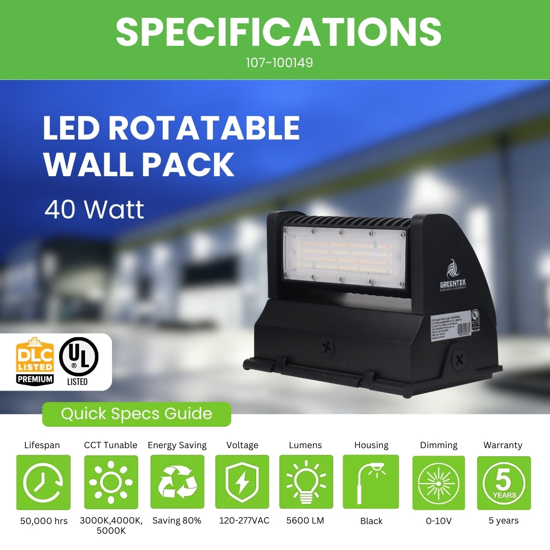 Adjustable LED Wall Pack w/ JBox- 40W - Tunable CCTs - RWP3 - DC Photocell Included - (UL+DLC 5.1 Premium)