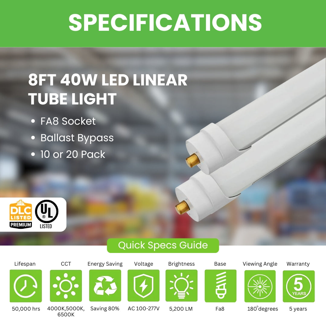 8ft 40W LED Linear Tube Light - FA8 Socket Ballast Bypass – Frosted – 10 or 20 Pack –V2 ( ETL & DLC 5.1 )