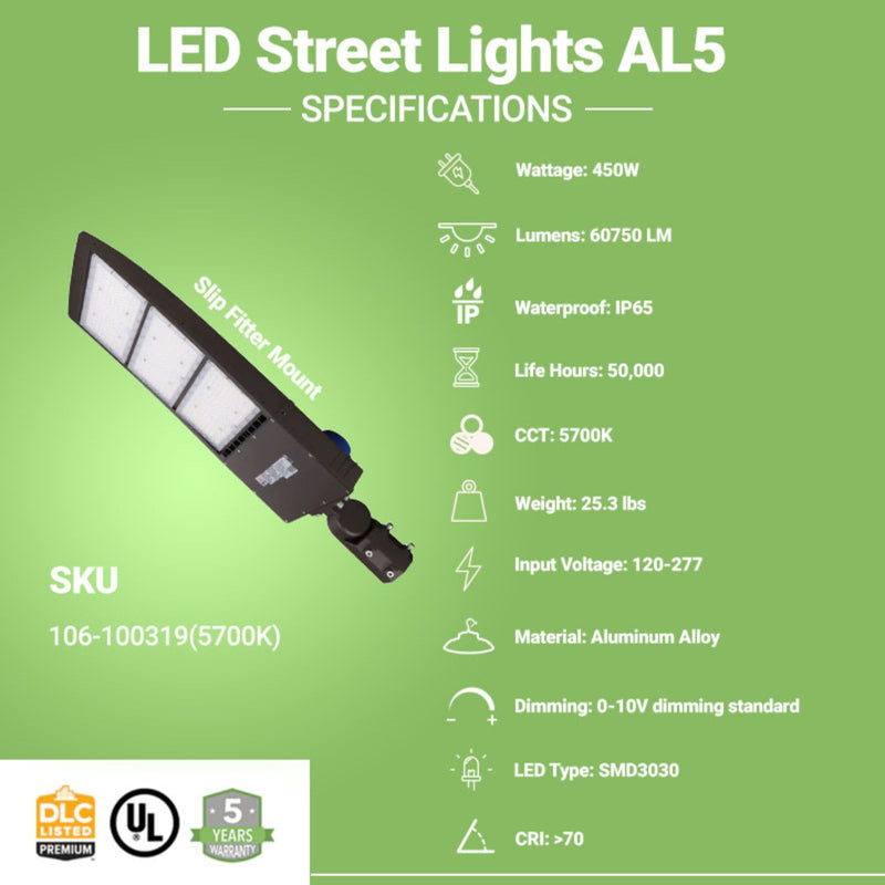 LED Street Light - 450W - 60750 Lumens - With Shorting Cap - Slip Fitter Mount - DLC Listed - 5 Year Warranty