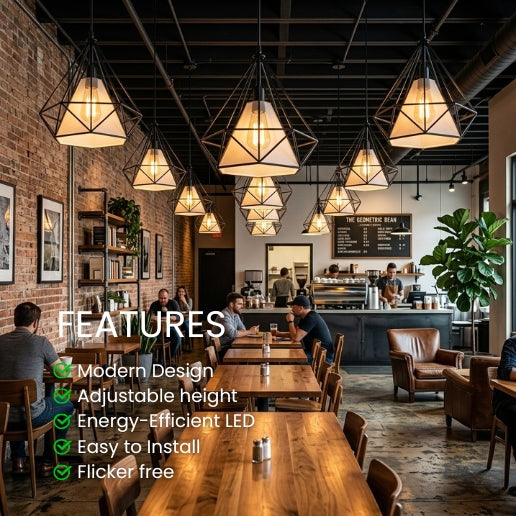Pendant Light White Geometric Wire Frame With Shade | Modern Iron Hanging Ceiling Light
