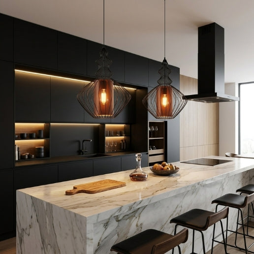 Black Wire Frame Pendant Light – Airy Industrial Hanging Ceiling Fixture E26/E27 40W