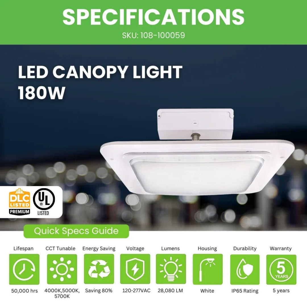LED Canopy Light - 180W - Gas Station Canopy - JBox - 5700K - (UL + DLC 5.1 Premium Listed)