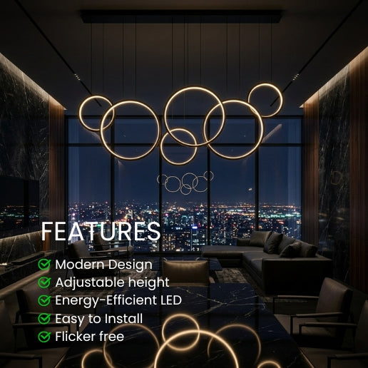 Modern 6 Ring LED Linear Suspension Chandelier Light Black & White 130W Contemporary Ceiling Fixture