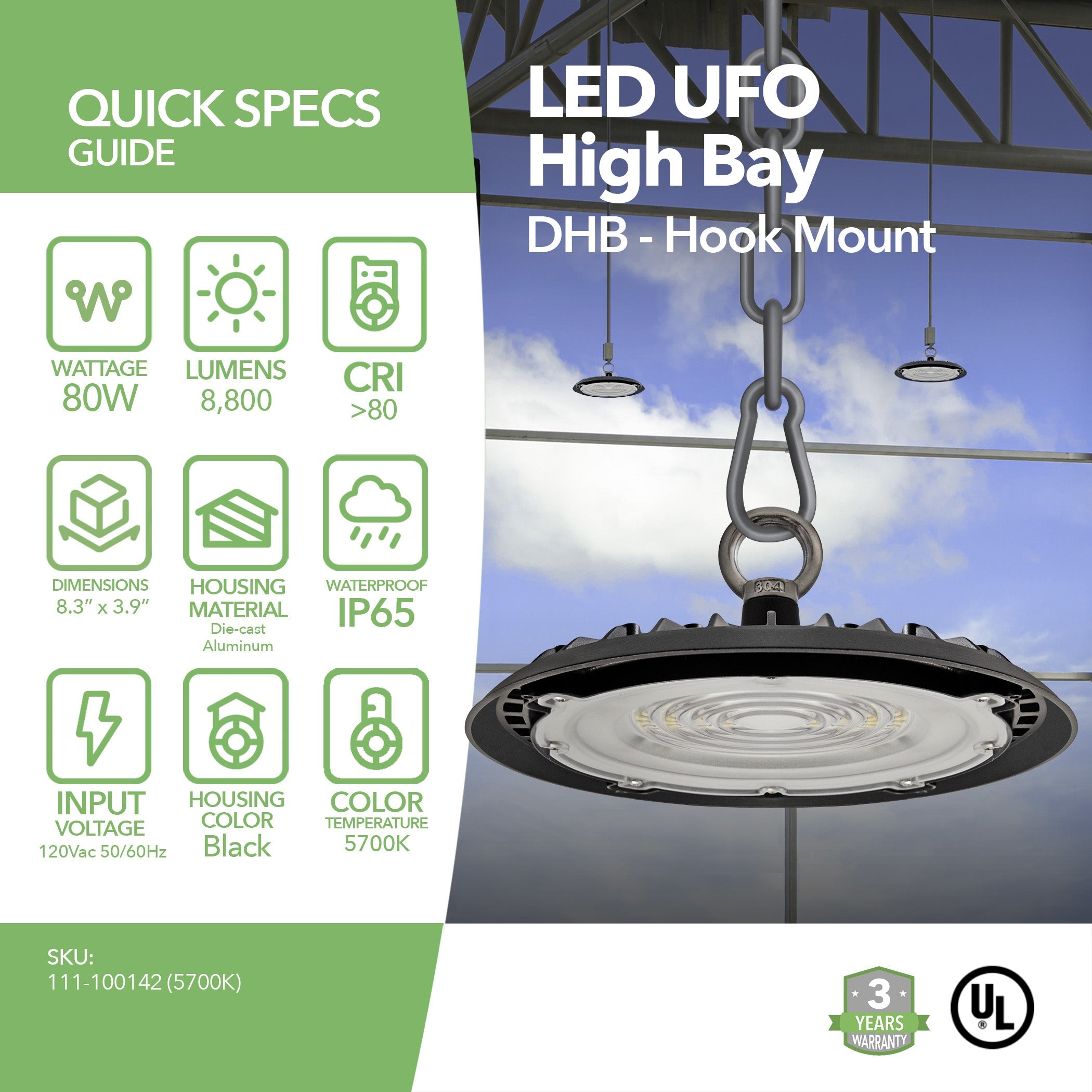 LED High Bay - 80W - 8,800 Lumens - Slim UFO - Hook Mount - UFO Series - UL