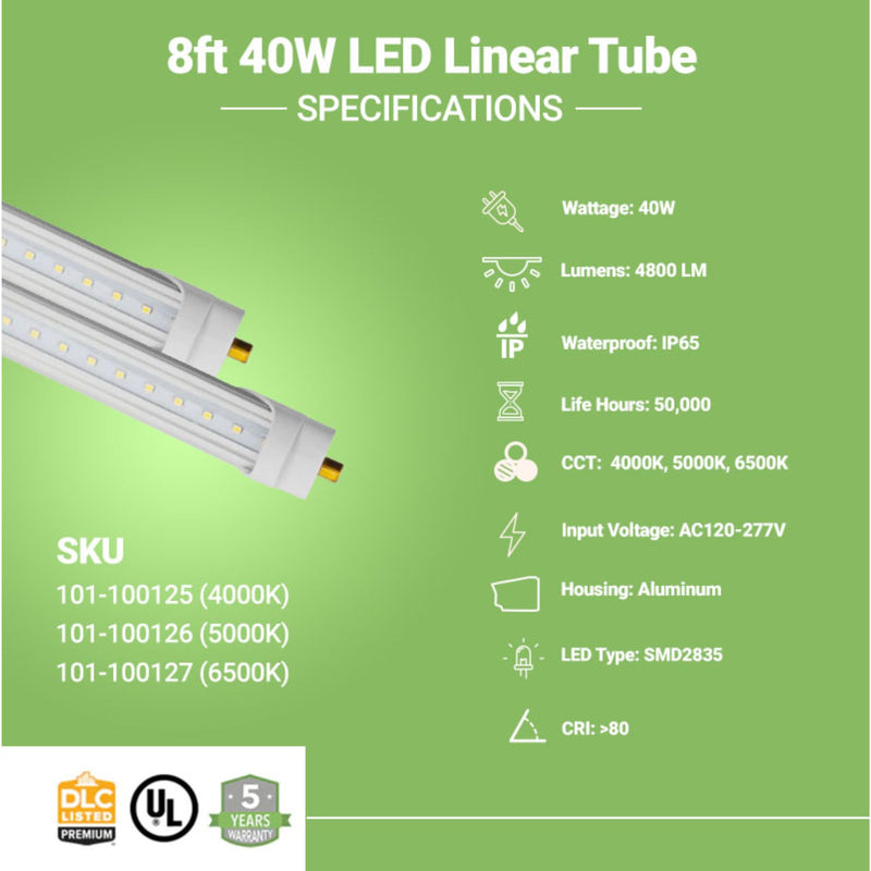 8ft 40W LED Linear Tube - 4800 Lumens - Fa8 Socket - Bypass - V2 - (ETL)