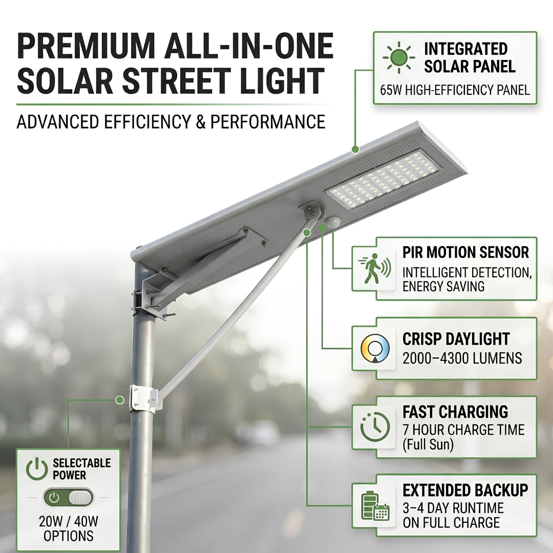 40W All-in-One Solar Street Light with PIR Motion Sensor | 4000-4300 Lumens